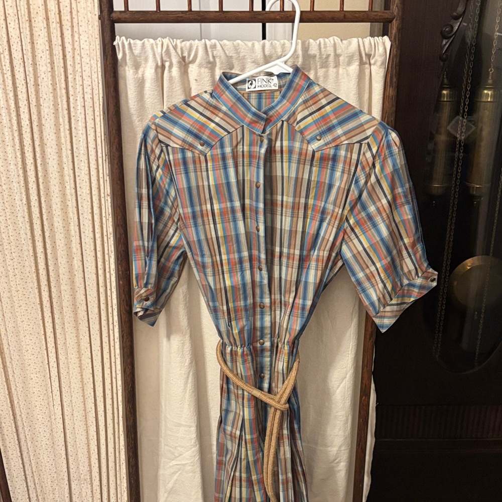 VINTAGE FINK MODELL 42 Multicolor Plaid Midi Shirt Dress